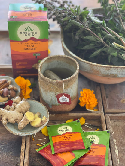 Tulsi Ginger, Tulsi tea, organic tea, tulsi, herbal tea, herbal infusions, sleep tea, turmeric tea, ashwagandha, holy basil, holy basil tea, green tea, lemon ginger tea, tea for sleep, moringa, ORGANIC INDIA, ORGANIC INDIA Australia, herbal supplements