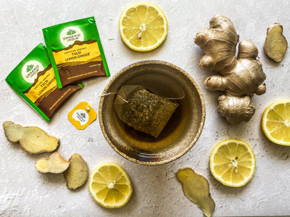 Organic India Tulsi Lemon Ginger, Tulsi tea, organic tea, tulsi, herbal tea, herbal infusions, sleep tea, turmeric tea, ashwagandha, holy basil, holy basil tea, green tea, lemon ginger tea, tea for sleep, moringa, ORGANIC INDIA, ORGANIC INDIA Australia, herbal supplements